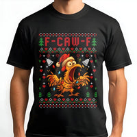 Ugly Sweater Style Holiday Tee, F-Caw-F Chicken Christmas T-Shirt, Humorous Screaming Poultry Graphic Shirt, Farm Xmas Chicken Lover Tee