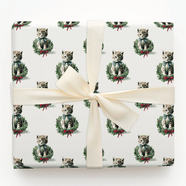 Tabby Cat Wreath Gift Wrap, Vintage Kitten Christmas Wrapping Paper, Retro Feline Holiday Wrapping Paper, Cat Lover Xmas Gift