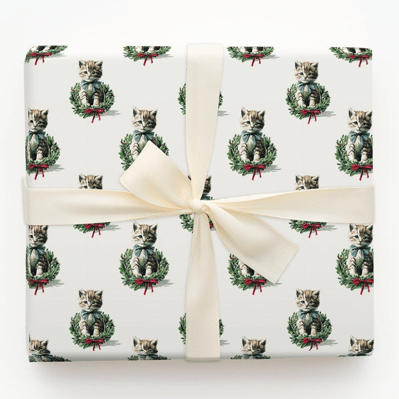 Tabby Cat Wreath Gift Wrap, Vintage Kitten Christmas Wrapping Paper, Retro Feline Holiday Wrapping Paper, Cat Lover Xmas Gift Wrap