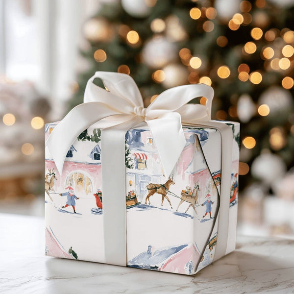 Watercolor Santa Sleigh Gift Wrap, Snowy Village Christmas Wrapping Paper, Whimsical Winter Village Wrapping Paper, Holiday G