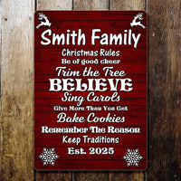 Custom Holiday Family Metal Sign, Personalized Christmas Rules Metal Sign, Winter Farmhouse Decor, Xmas Living Room Art