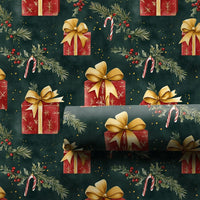 Candy Cane Holiday Gift Wrap, Watercolor Christmas Wrapping Paper, Dark Green Xmas Wrapping Paper, Holly Present Gift Wrap