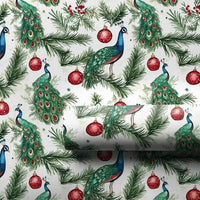 Pine Branch Bird Gift Wrap, Watercolor Peacock Christmas Wrapping Paper, Red Ornament Wrapping Paper, Elegant Winter Holiday Wrapping Paper
