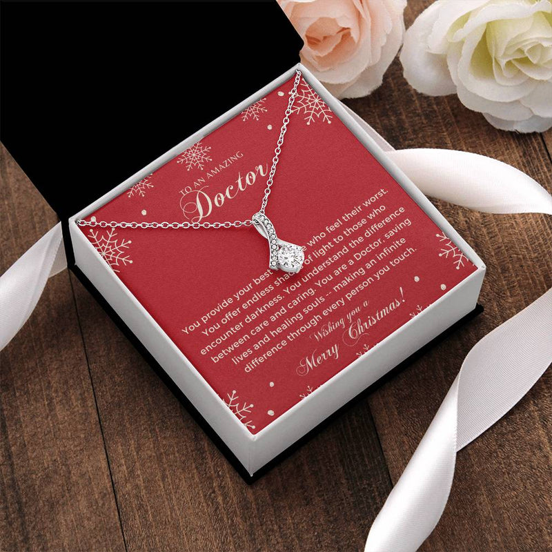 Medical Ribbon Pendant Necklace, Doctor Christmas Necklace, 14k White Gold Over Stainless Steel Jewelry, Meaningful Holiday Present for Doctor