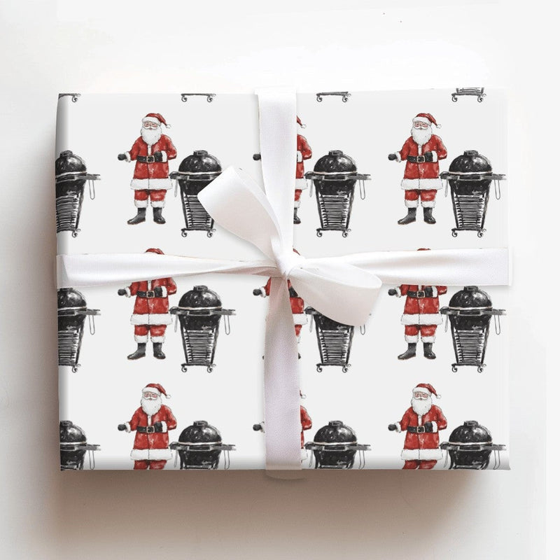 BBQ Santa Claus Gift Wrap, Kamado Santa Wrapping Paper, Grilling Santa Christmas Paper, Barbecue Present Wrap