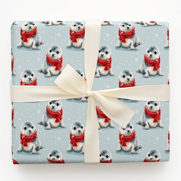 Adorable Winter Seal Gift Wrap, Baby Seal Christmas Wrapping Paper, Watercolor Animal Wrapping Paper, Holiday Gift Wrap, Wint