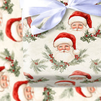Classic Santa Claus Christmas Gift Wrap, Vintage Santa Wrapping Paper, Retro Watercolor Santa Wrapping Paper, Holiday Holly Gift Wrap Roll