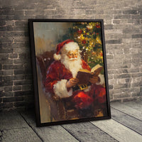 Vintage Oil Painting Reading by Christmas Tree Print, Santa Claus Canvas Wall Art, Festive Holiday Wall Decor, Nostalgic Xmas Canvas Present