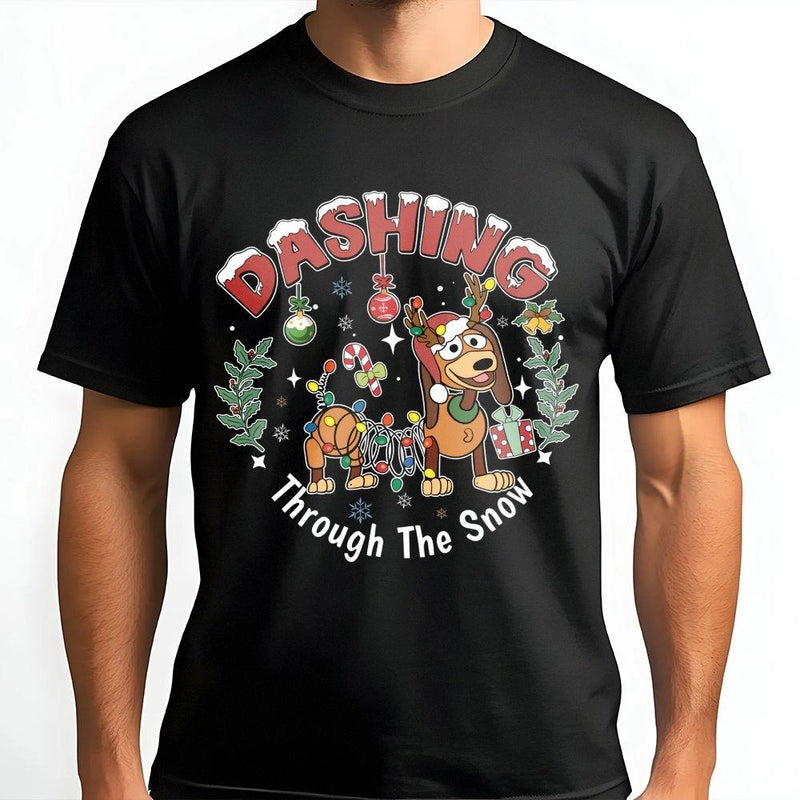 Humorous Slinky Spring Dog Holiday Tee, Dashing Through the Snow Christmas T-Shirt, Retro Movie Dog Graphic Shirt, Xmas Humor Top