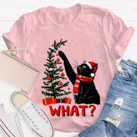 Humorous Holiday Cat Chaos Shirt, Black Cat Pushing Christmas Tree T-Shirt, Adorable Festive Kitty Graphic Tee, Cat Lover Christmas Present