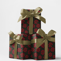 Floral Holiday Gift Wrap Roll, Poinsettia Christmas Wrapping Paper, Vintage Botanical Present Wrap, Winter Seasonal Wrapping Paper Supplies