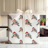 Santa Hat Ocean Gift Wrap, Sea Turtle Christmas Wrapping Paper, Watercolor Marine Animal Present Paper, Coastal Holiday Gift Wrapping Paper