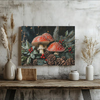Red Amanita Holly Pine Cone Canvas Print, Christmas Mushroom Canvas Wall Art, Botanical Holiday Wall Decor, Cottagecore Winter Canvas Present