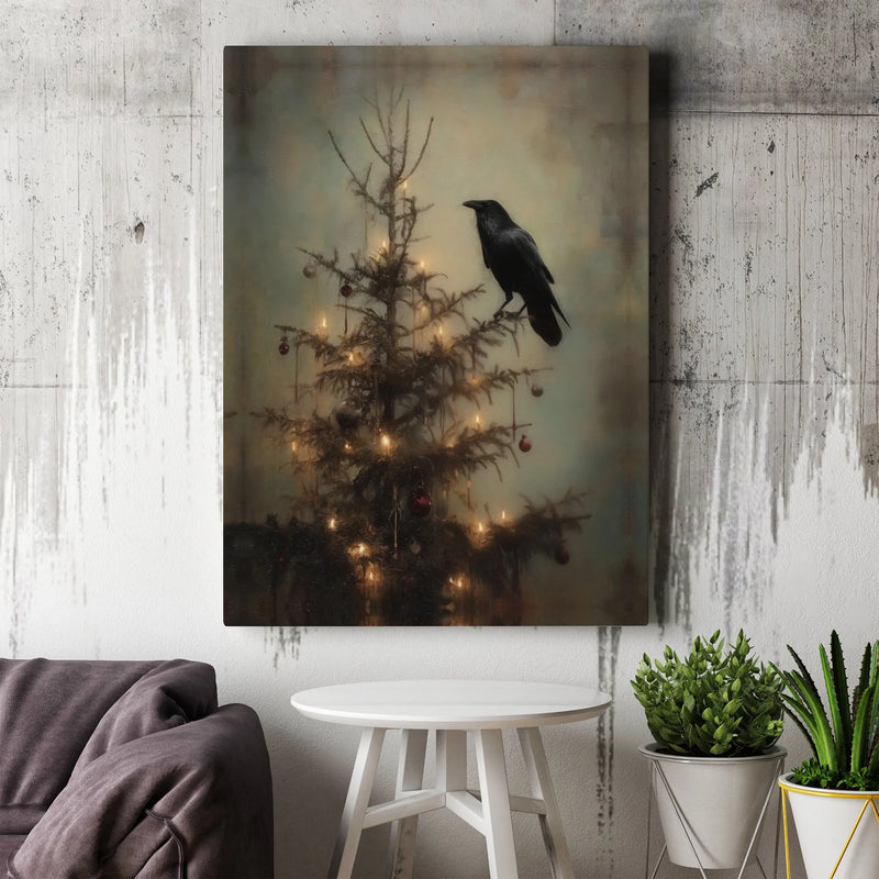 Dark Academia Crow Holiday Tree Print, Gothic Raven Christmas Canvas Wall Art, Moody Winter Canvas Decor, Spooky Xmas Home Present