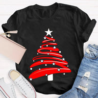 Festive Holiday Season Graphic Tee, Red Christmas Tree Stars Graphic Shirt, Merry Christmas Tree T-Shirt, Winter Holiday Party Apparel