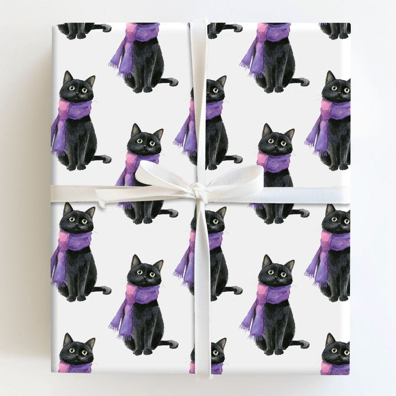 Cat in Purple Scarf Wrapping Paper, Black Cat Christmas Wrapping Paper, Adorable Kitten Holiday Wrapping Paper, Winter Gift Wrap for Cat Lovers