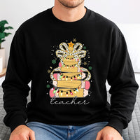 Pencil Tree Coquette Bow Sweater, Teacher Christmas Sweatshirt, Adorable School Holiday Crewneck, Retro Teacher Xmas Sweatshirt, Educator Present