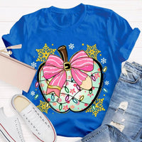 Festive Teacher Holiday Shirt, Christmas Lights Snowflakes Bow Apple T-Shirt, Adorable Coquette Winter Graphic Tee, Xmas Present for Her