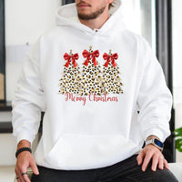 Merry Christmas Bow Hooded Sweatshirt, Leopard Print Christmas Tree Hoodie, Preppy Holiday Graphic Pullover, Winter Cheetah Xmas Sweater