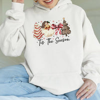Coquette Bow Christmas Hoodie, Tis the Season Leopard Santa Hoodie, Retro Holiday Hooded Sweatshirt, Adorable Xmas Graphic Hoodie