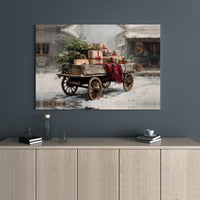 Rustic Winter Wagon Holiday Wall Art, Vintage Farmhouse Christmas Snow Canvas Art, Festive Snow Scene Decor, Holiday Farmhouse Canvas Print