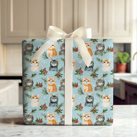 Adorable Kitten Holiday Gift Wrap, Christmas Cat Wrapping Paper, Festive Winter Cat Lover Wrapping Paper, Holly Pine Pet Lover Gift Wrap Roll