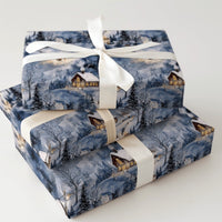 Watercolor Night Cabin Holiday Gift Wrap, Snowy Winter Village Wrapping Paper, Comfy Christmas Town Wrapping Paper, Festive Winter Gift Wrap