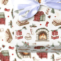 Book Lover Holiday Gift Wrap, Comfy Fireplace Christmas Wrapping Paper, Rustic Winter Books Stockings Wrapping Paper, Festive Xmas Gift Wrap