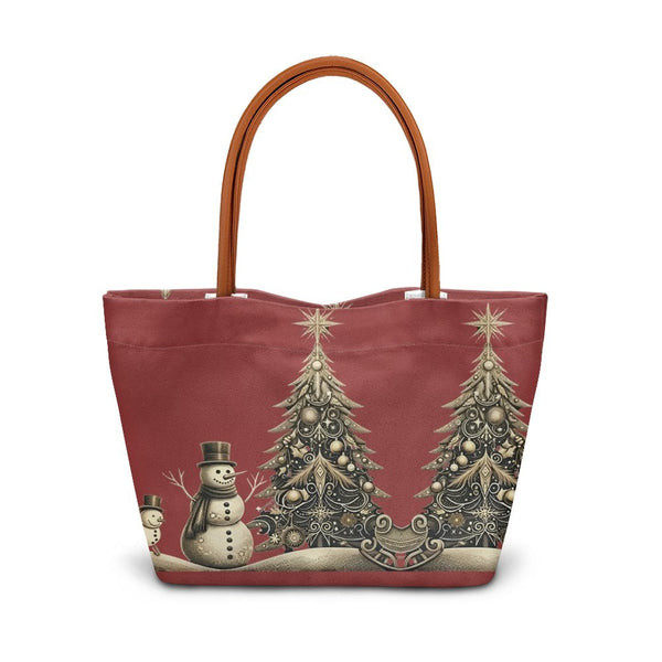 Snowman and Holiday Tree Shoulder Bag, Vintage Christmas Tote Bag, Festive Winter Handbag, Large Commuter Tote Bag, Present f