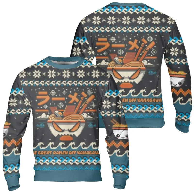 Japanese Food Aesthetic Ugly Christmas Sweater, Ramen Great Wave Pixel Art Sweatshirt, Retro Foodie Holiday Pullover, Asian Cuisine Present
