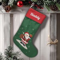 Custom Name Surf Holiday Stocking, Personalized Surfing Santa Christmas Stocking, Tropical Coastal Xmas Stocking, Beach Decor Present for Dad