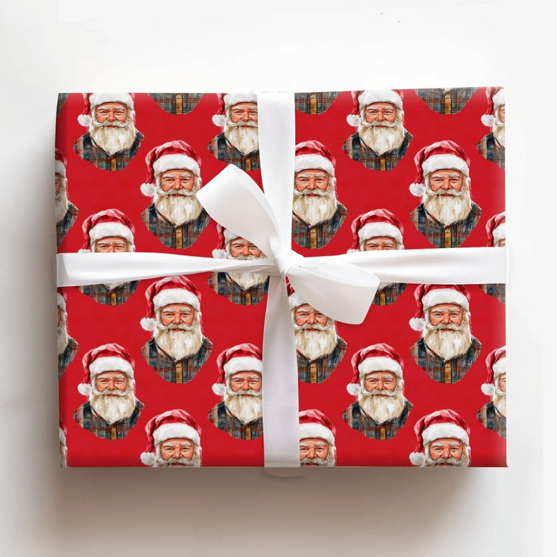 Plaid Flannel Santa Claus Gift Wrap, Lumberjack Santa Wrapping Paper, Rustic Red Christmas Wrapping Paper, Country Holiday Present Paper