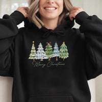Merry Christmas Tree Hooded Sweatshirt, Watercolor Christmas Tree Hoodie, Festive Pine Forest Pullover Hoodie, Comfy Winter Holiday Present