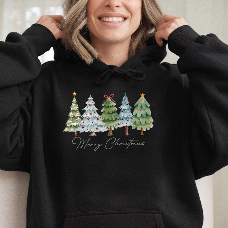 Merry Christmas Tree Hooded Sweatshirt, Watercolor Christmas Tree Hoodie, Festive Pine Forest Pullover Hoodie, Comfy Winter Holiday Present