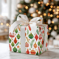 Botanical Greenery Gift Wrap, Watercolor Christmas Ornament Wrapping Paper, Festive Holiday Wrapping Paper, Xmas Baubles Gift Wrap Roll