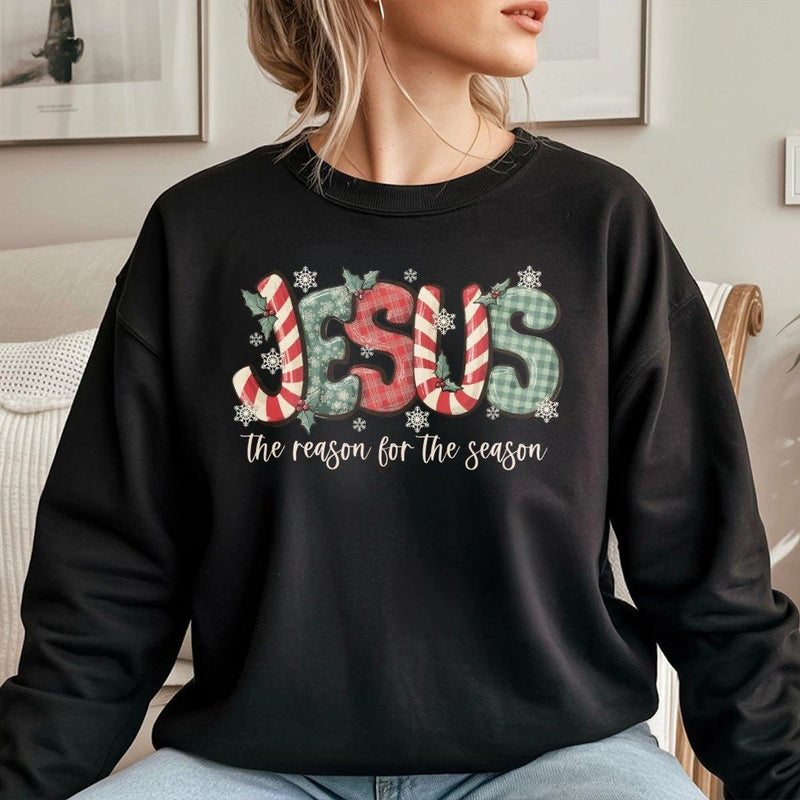 Plaid Candy Cane Christmas Crewneck, Jesus the Reason for the Season Sweatshirt, Christian Holiday Pullover, Religious Xmas Sweater