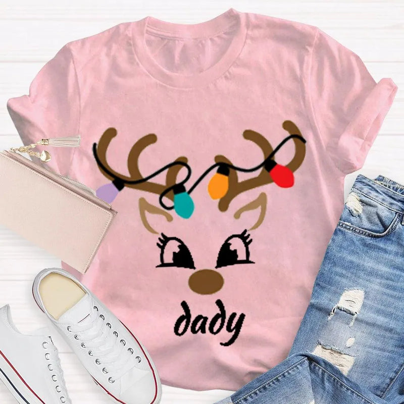 Festive Holiday Lights Antler Shirt, Personalized Christmas Deer Head T-Shirt, Custom Family Matching Xmas Graphic Tee, Present