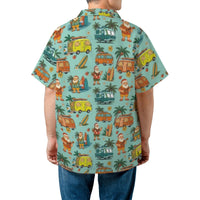 Tropical Christmas Camper Van Aloha Shirt, Surfing Santa Hawaiian Shirt, Humorous Holiday Short Sleeve Shirt, Summer Beach Xmas Present for Men