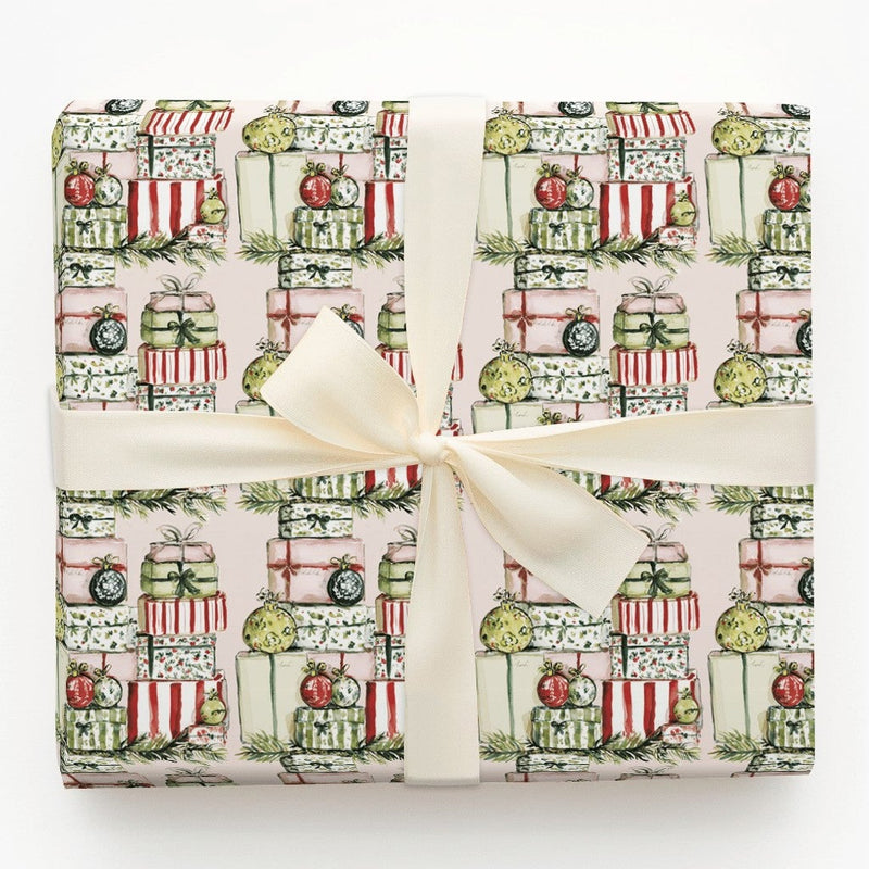 Watercolor Stacked Presents Gift Wrap, Christmas Wrapping Paper, Ornaments Holiday Gift Wrap Sheets, Festive Present Wrapping Paper