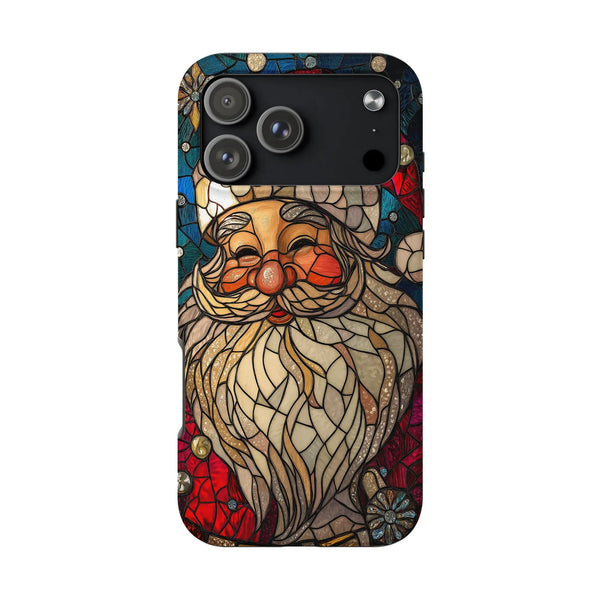 iPhone Tough Phone Cover, Santa Claus Phone Case, Stained Glass Winter Christmas Art Phone Case