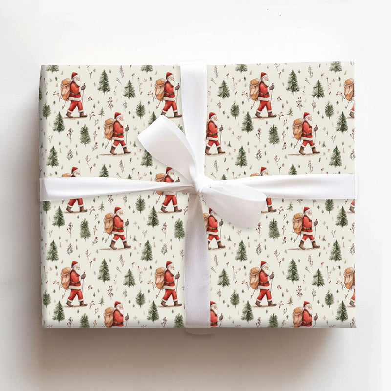 Winter Forest Christmas Gift Wrap, Hiking Santa Wrapping Paper, Watercolor Backpacking Santa Present Paper