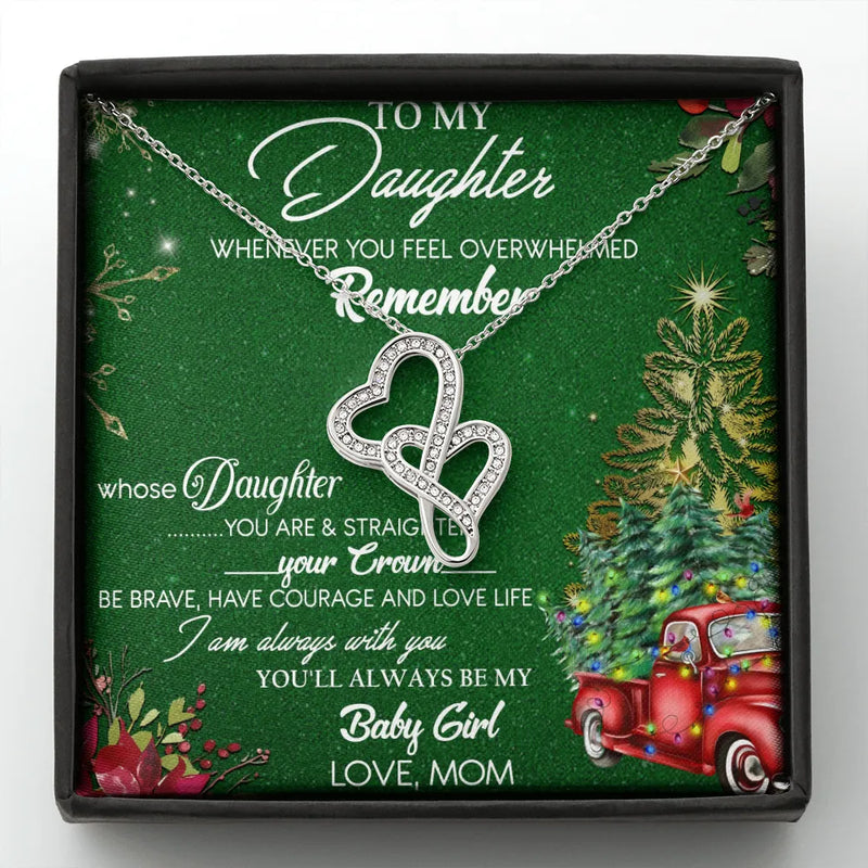 14K White Gold Over Steel Two Hearts Pendant, Double Heart Necklace for Daughter, Holiday Message Card, Daughter Christmas Present from Mom
