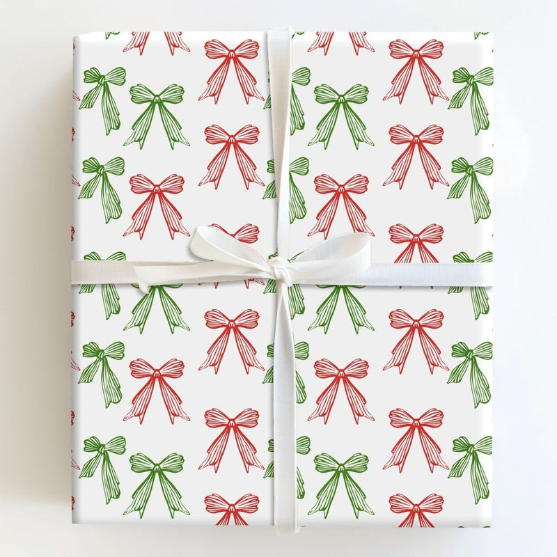 Red and Green Bow Gift Wrap Roll, Hand Drawn Christmas Bows Wrapping Paper, Festive Holiday Wrapping Paper, Xmas Gift Wrapping Paper Roll
