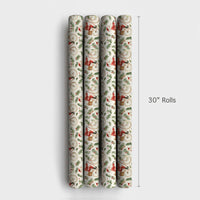 Vintage Bike Riding Santa Gift Wrap, Bicycle Santa Wrapping Paper, Watercolor Holly Berry Paper, Christmas Present Wrapping Paper Roll