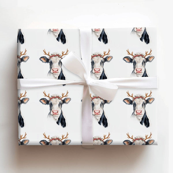 Watercolor Reindeer Antlers Gift Wrap, Christmas Cow Wrapping Paper, Farmhouse Holiday Wrapping Paper, Rustic Xmas Gift Wrap 