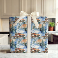 Red Locomotive Gift Wrap, Watercolor Christmas Train Wrapping Paper, Snowy Bridge Winter Paper Roll, Holiday Gift Wrap, Train Lover Paper