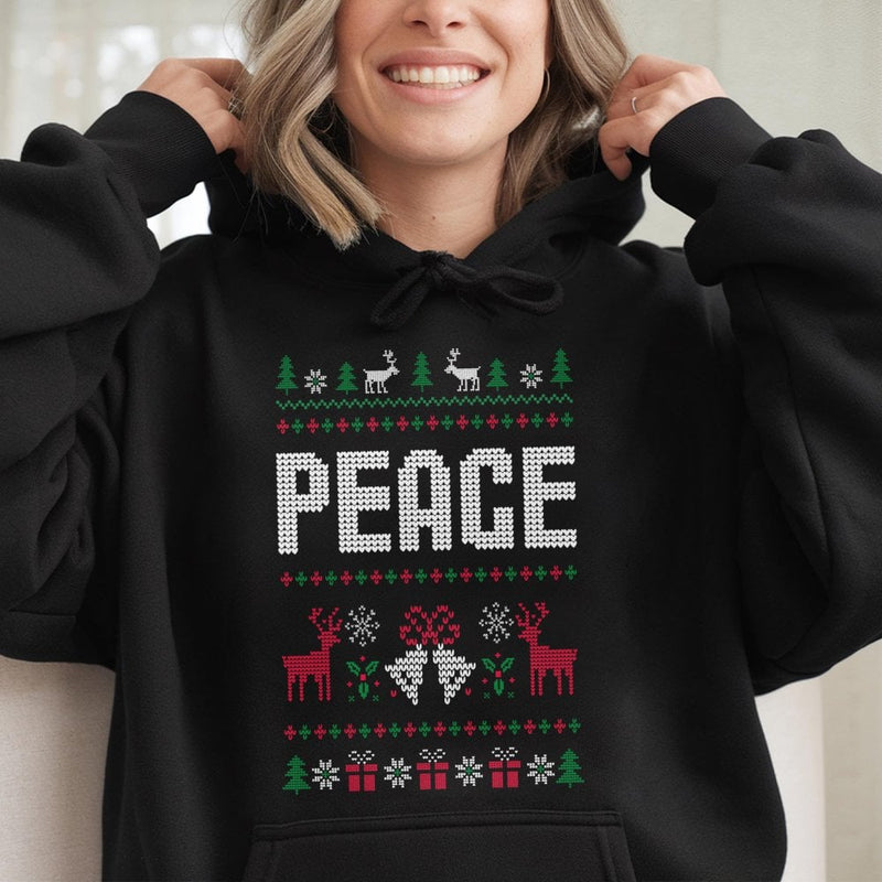 Festive Reindeer Snowflake Hooded Sweatshirt, Peace Ugly Christmas Hoodie, Retro Holiday Pattern Pullover, Matching Couple Xmas Present