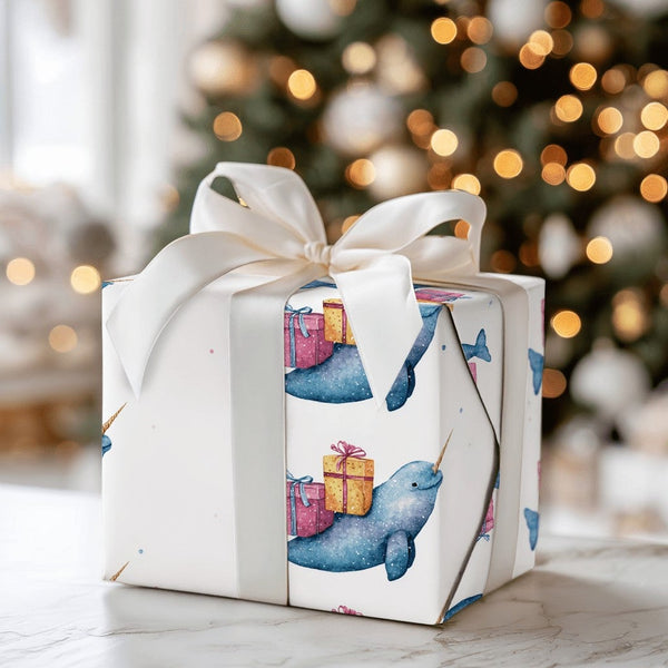 Adorable Ocean Animal Gift Wrap, Watercolor Narwhal Christmas Wrapping Paper, Birthday Present Wrapping Paper, Whimsical Holi