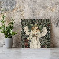 Pre-Raphaelite Holly Berry Canvas Art, Christmas Angel Square Canvas, William Morris Style Canvas Print, Vintage Holiday Wall Art