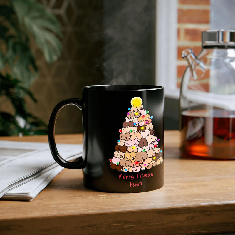 Humorous Boob Tree Christmas Coffee Mug, Merry Titmas Ceramic Mug, Sarcastic Holiday Graphic Cup 11oz 15oz, Adult Humor Xmas Present